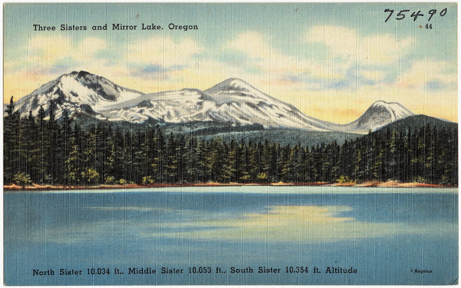 Historical postcard print of Pacific Northwest volcanic peaks and alpine lake